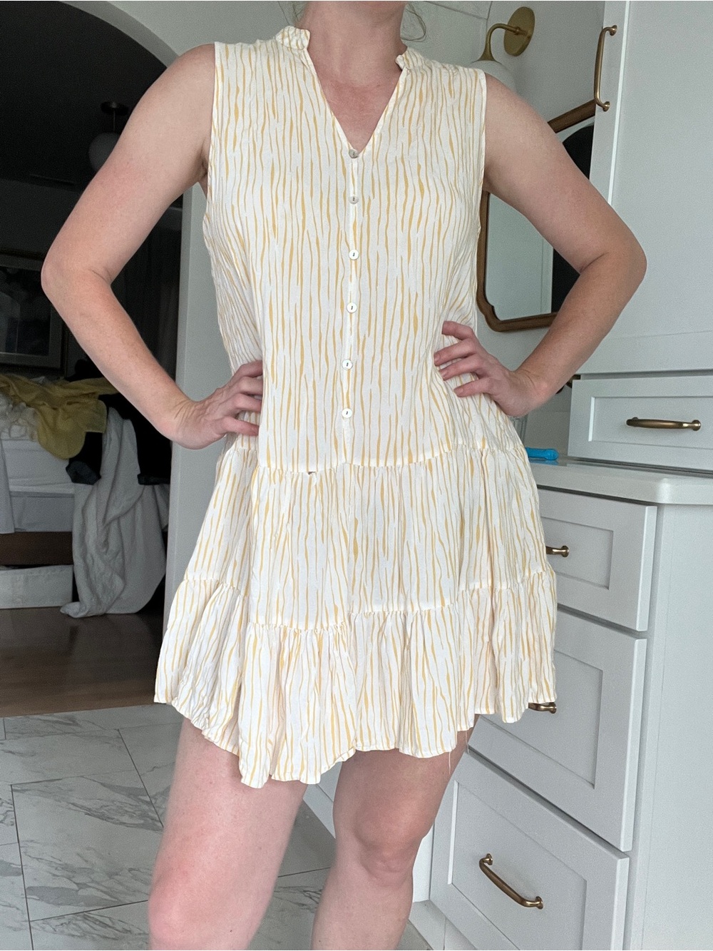 Nine West White and Yellow Striped Button-Front Tiered Mini Dress